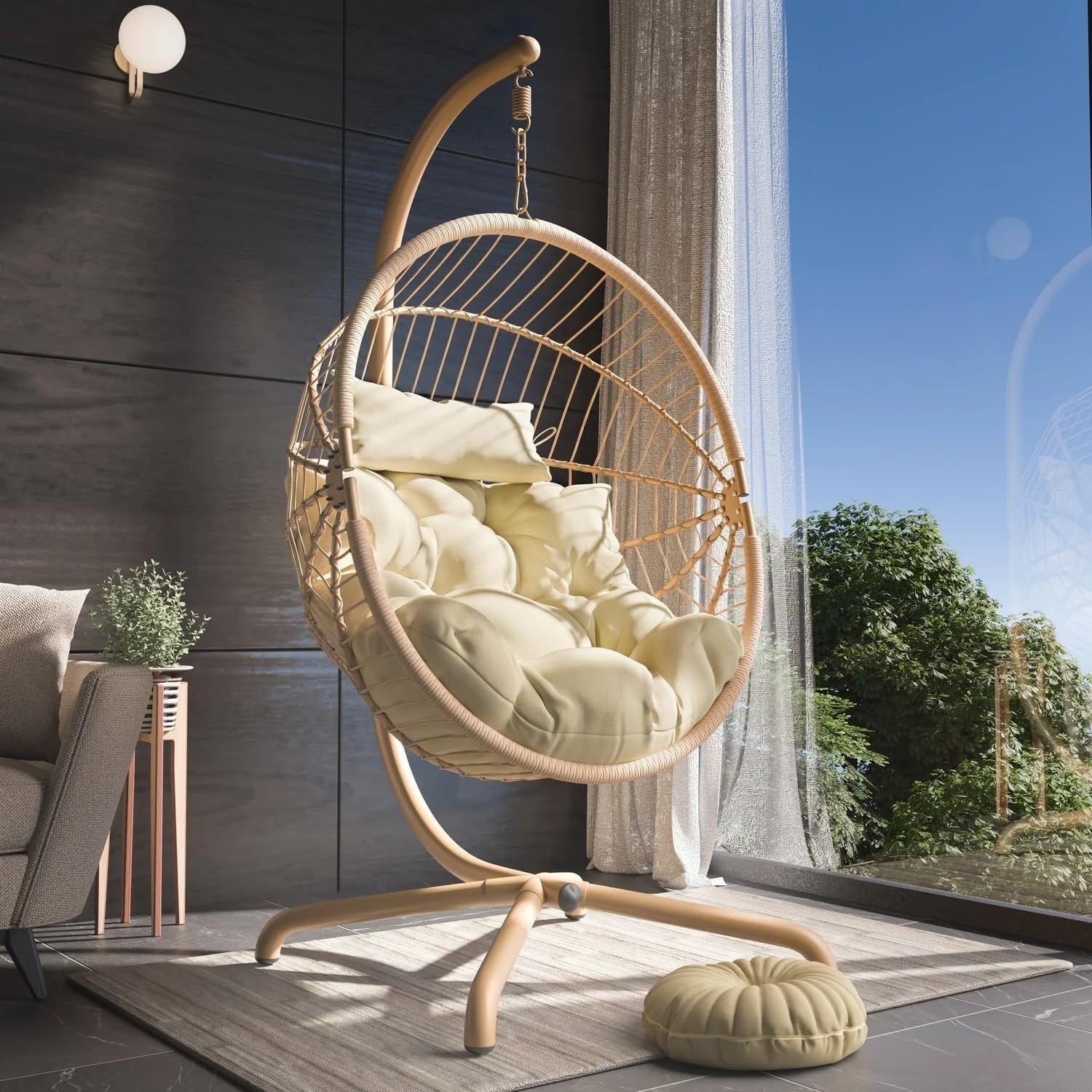 Rattan Hanging Egg Chair with Cushion & Stand Indoor Outdoor Patio Beige