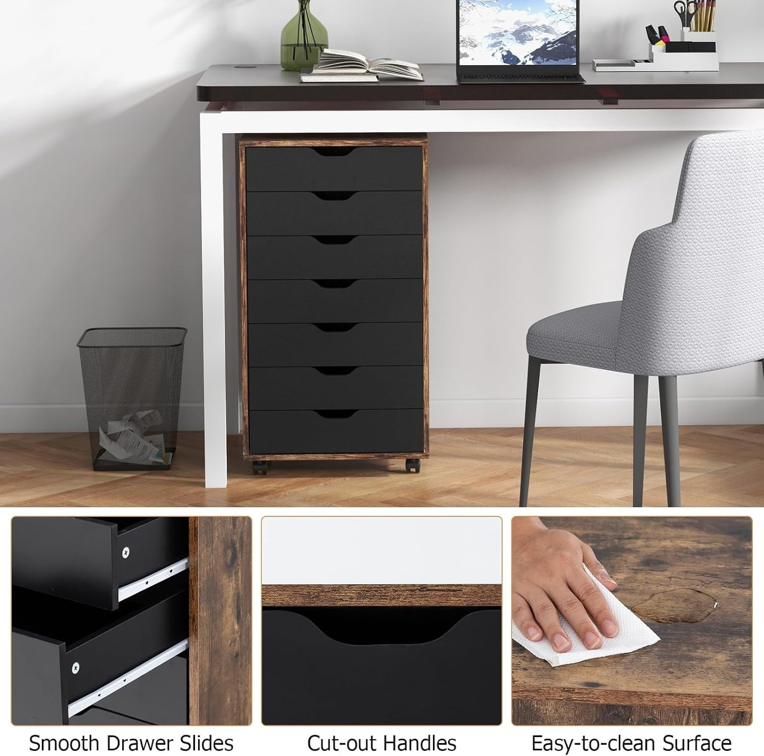 Rustic Brown Mobile Filing Cabinet 7 Drawer Storage Unit Wheels for Home Office