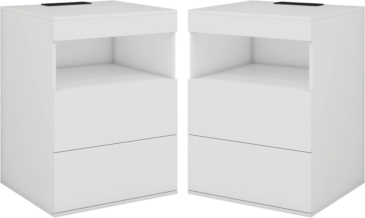 Set of 2 White LED Bedside Tables with USB Charging Station & Drawers