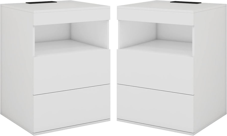 Set of 2 White LED Bedside Tables with USB Charging Station & Drawers