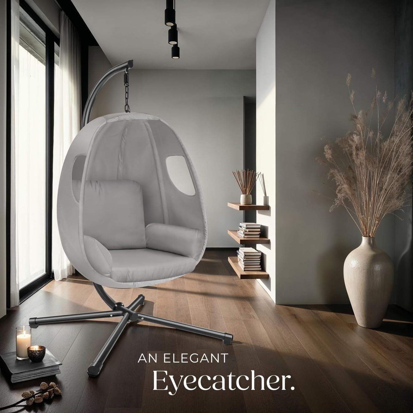 Swivel Hanging Egg Chair with Stand & Comfort Cushion for Indoor Outdoor Use