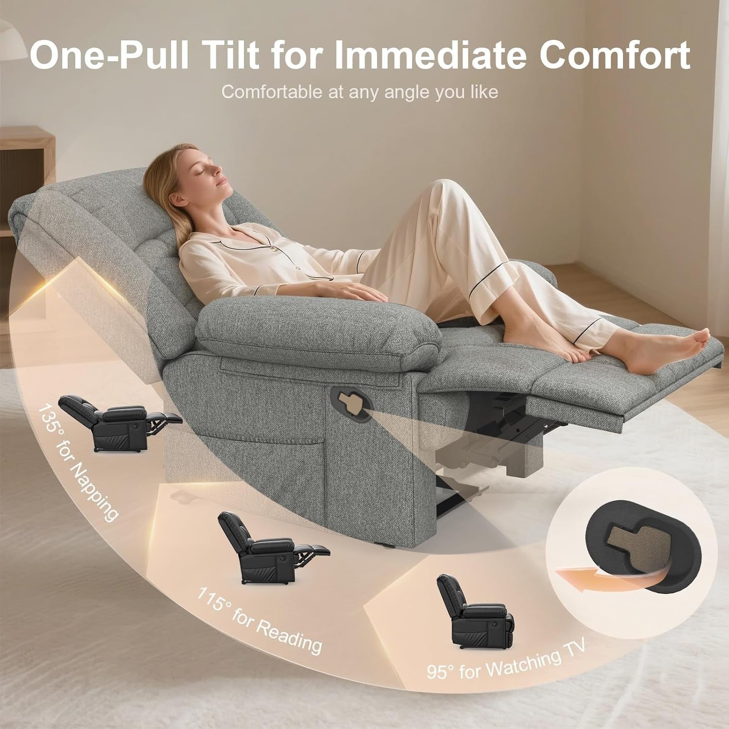 Manual Recliner Chair Massage Heat 135° Recline Footrest Dual Pockets Light Grey