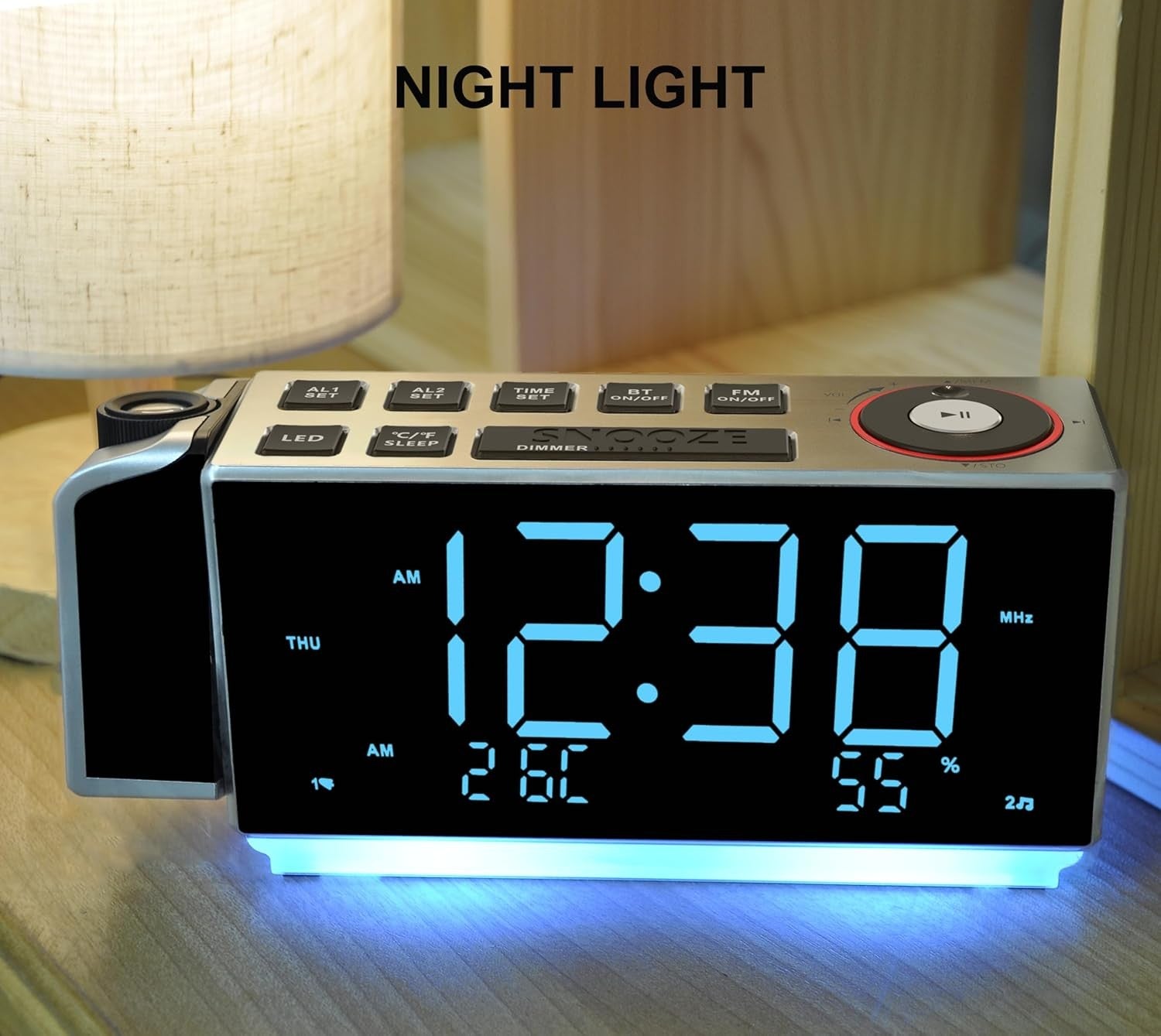 Projection Alarm Clock FM Radio Bluetooth Dual Alarm USB Charging Bedside
