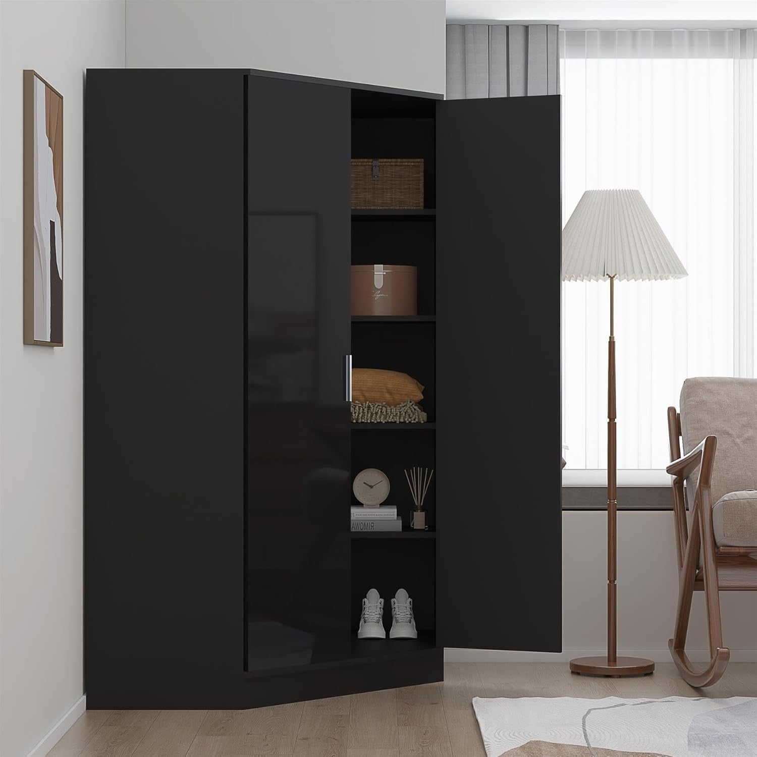 Black Gloss Corner Wardrobe 2 Door with Hanging Rails & Shelves, Space Saver