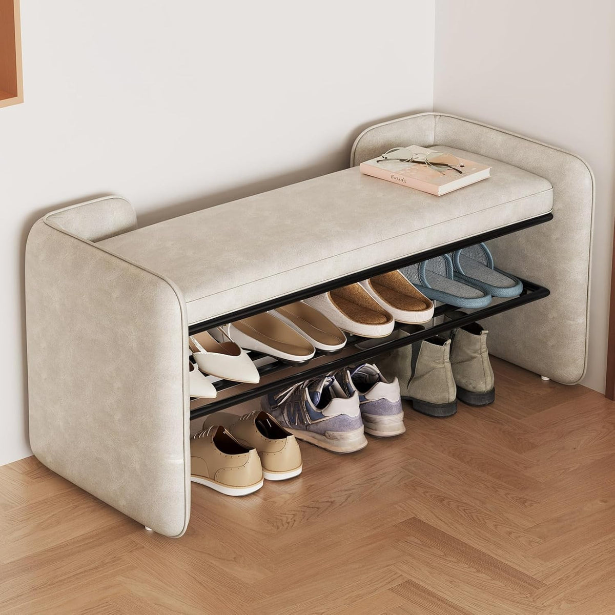 Modern Shoe Bench with Open Rack & Cushioned Seat – 6-8 Pair Storage, Ergonomic