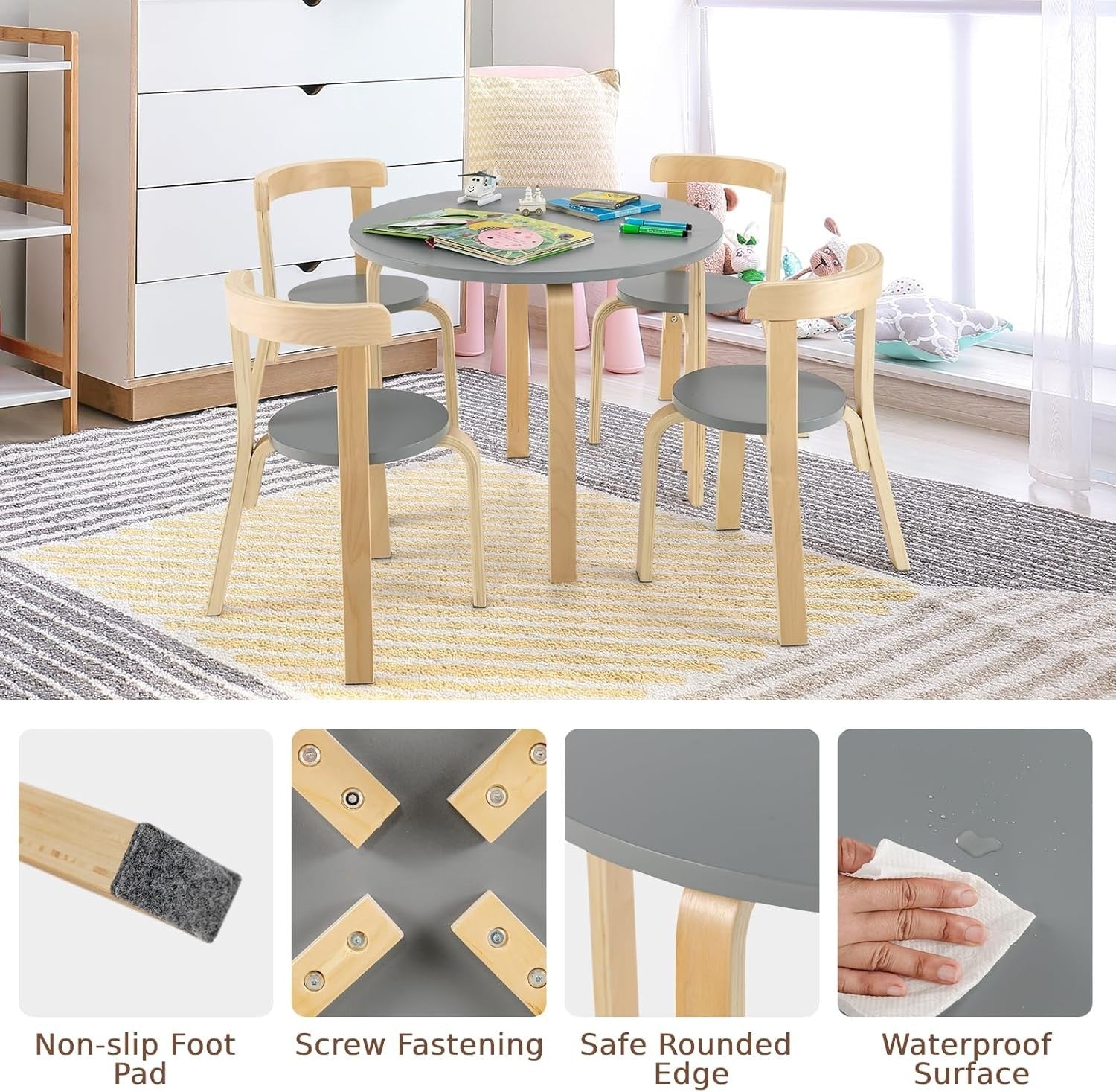 Kids Wooden Table & 4 Stackable Chairs Set Solid Wood Playroom Furniture 60cm