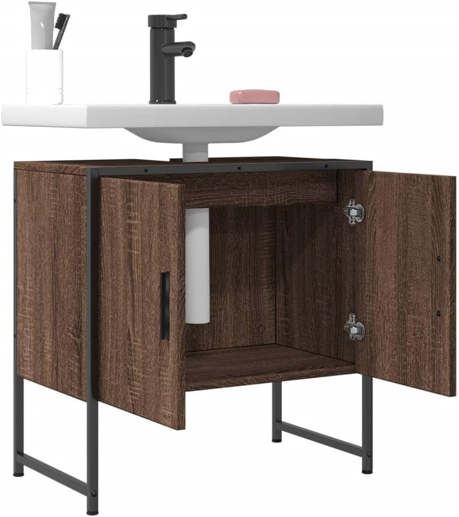 Modern Brown Oak Bathroom Sink Cabinet 60cm Under Basin Storage Unit Cupboard