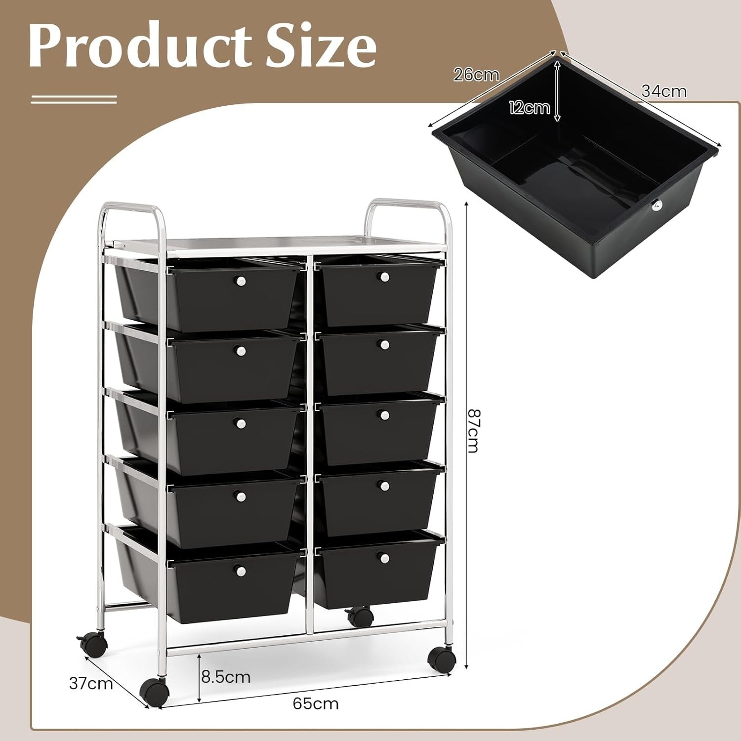 Mobile 10 Drawer Storage Trolley Cart Utility Organizer with Wheels Black