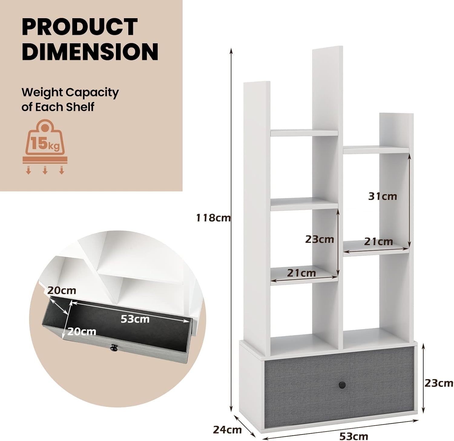 7-Tier White Wooden Bookshelf with Folding Drawer, Space-Saving Storage
