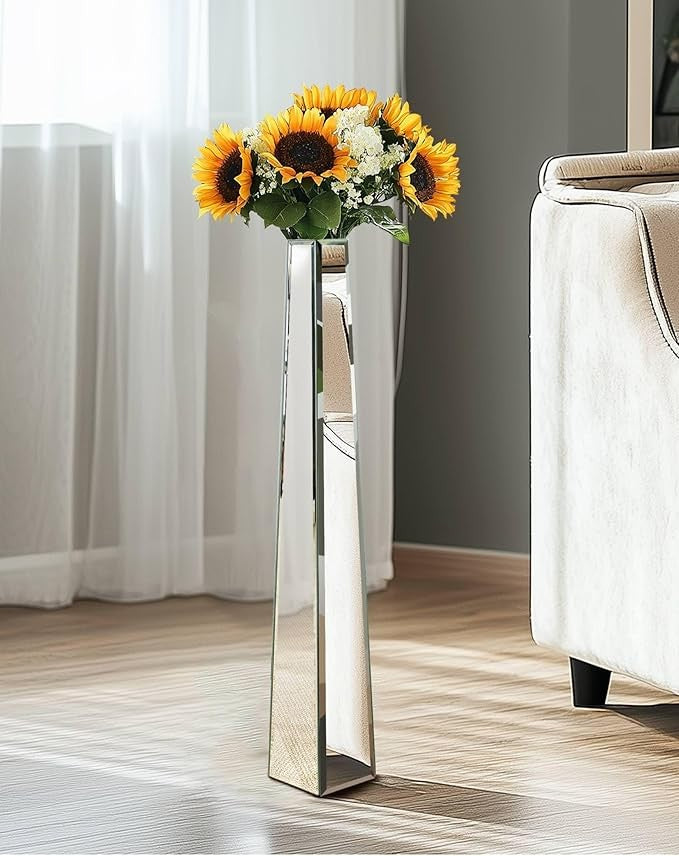Extra Tall Mirrored Floor Vase 77cm Silver Glass Pampas Flower Decor