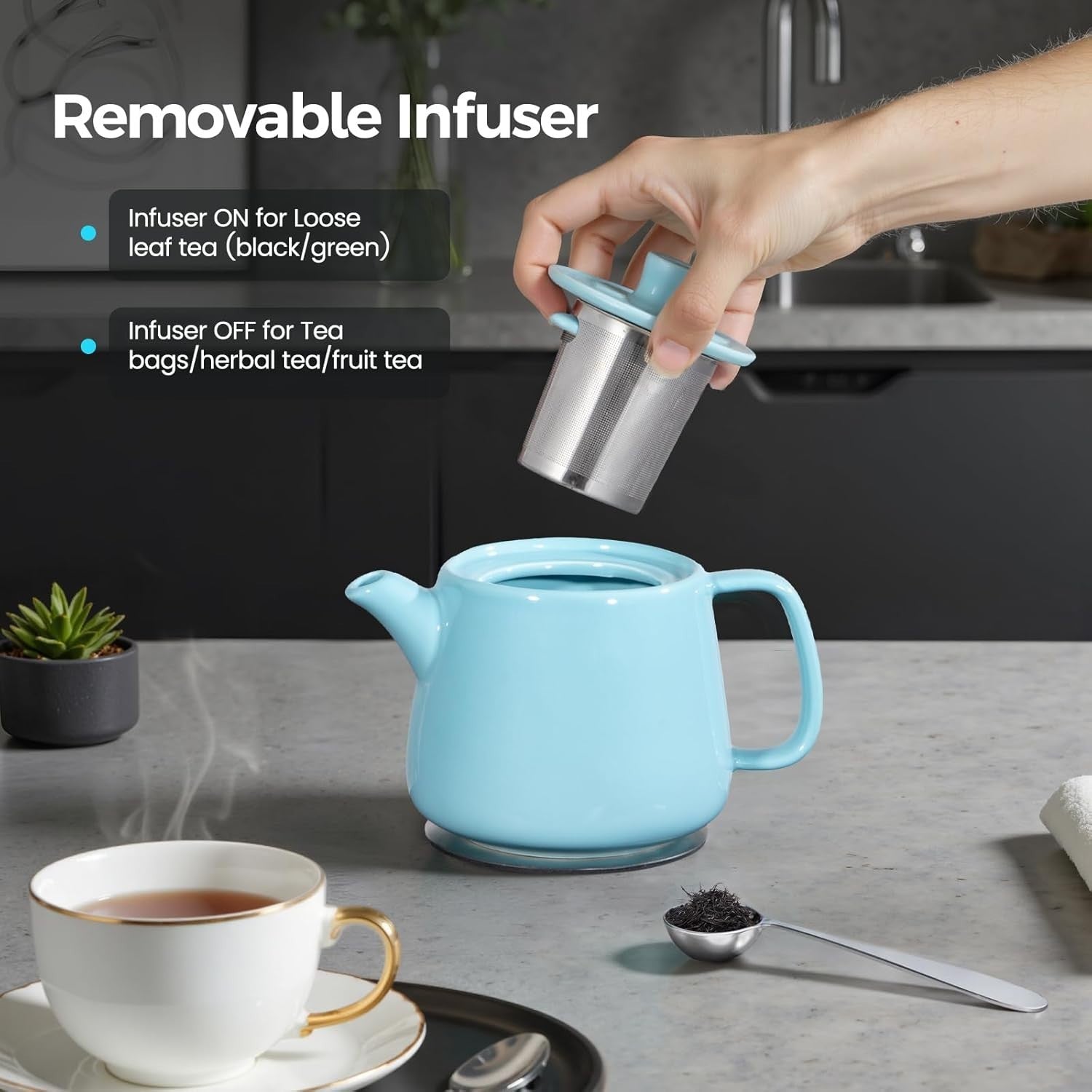 600ml Porcelain Teapot with Infuser & Coaster Sky Blue Tea Pot Set