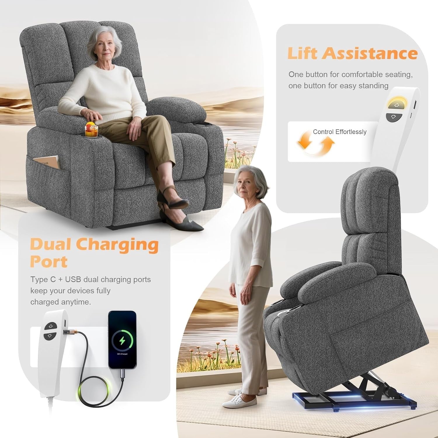 Dark Grey Lift Recliner Chair Elderly Massage Heat USB Cup Holders Footrest