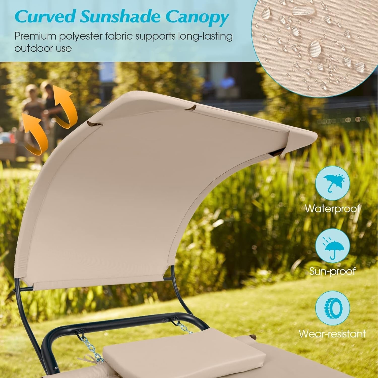 Beige Outdoor Hammock with Stand, Canopy & Cushion, Patio Swing Lounger