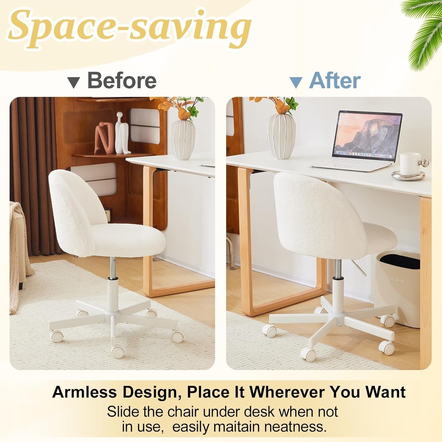 Velvet Vanity Desk Chair with Back Support – Cute Small Office Chair White