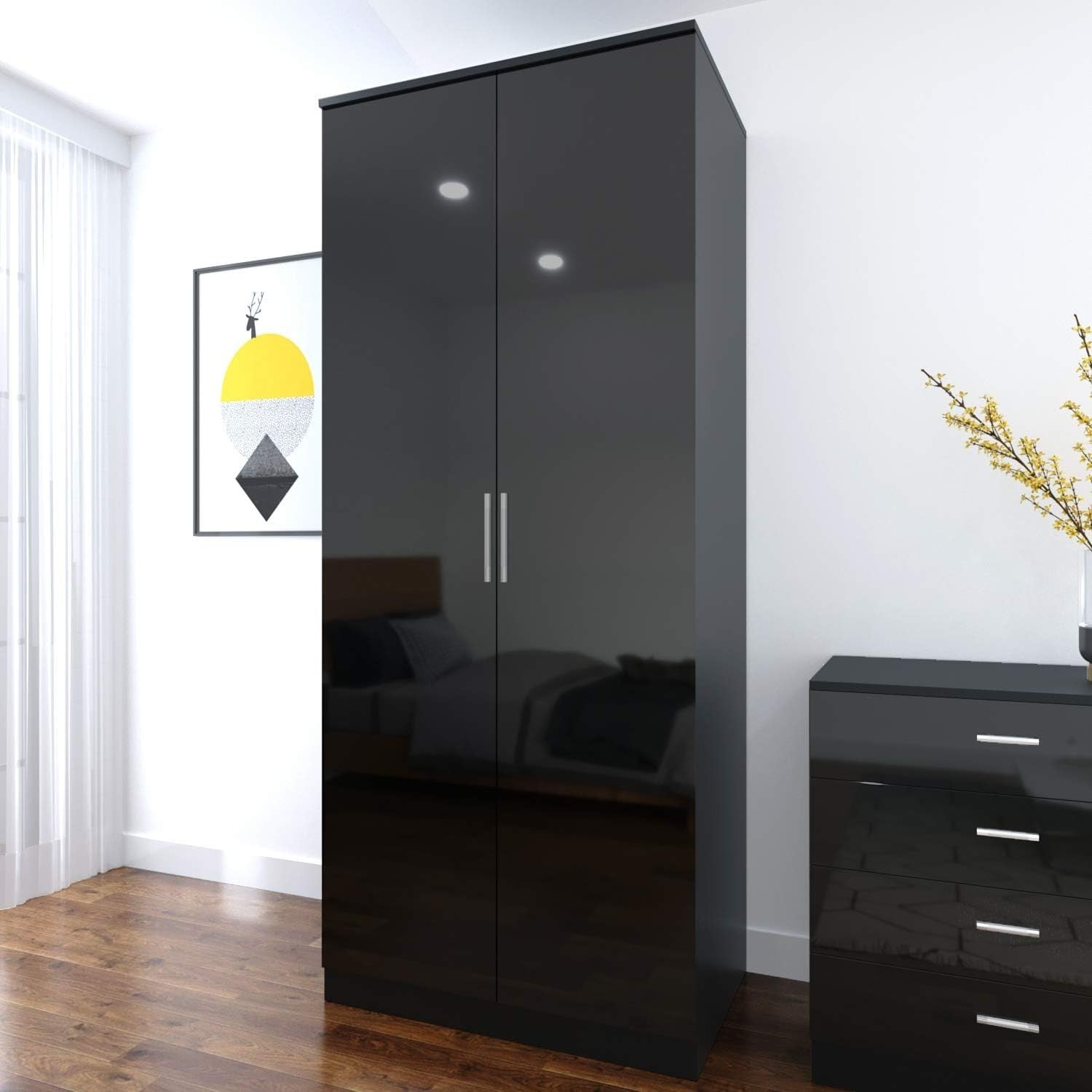 2 Door Wardrobe High Gloss Black Soft Close Storage Modern Bedroom Unit