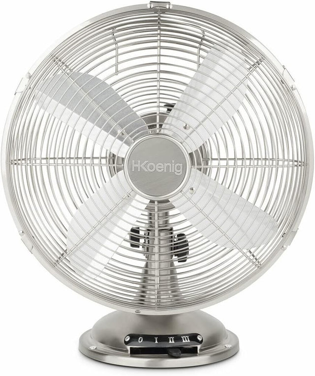 30cm Quiet Metal Table Fan – 3-Speed Retro Oscillating Cooling Silver Design