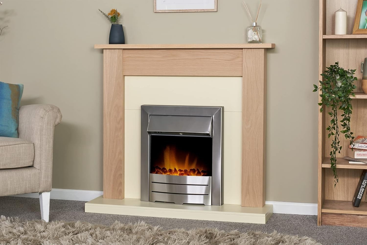 43" Oak Cream Wall Mounted Electric Fireplace 2kW Heater LED Flame Suite