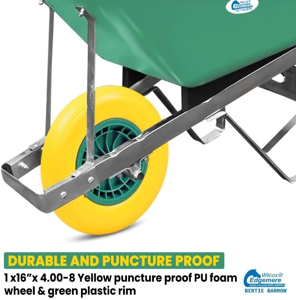 120L Garden Wheelbarrow – Green/Yellow – PU Tubeless Tyre Heavy Duty Frame