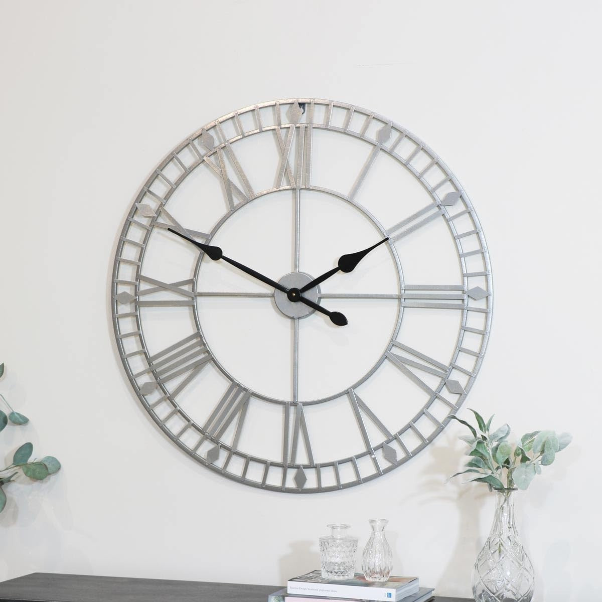 Extra Large Silver Wall Clock Vintage Industrial Skeleton 80cm Silent