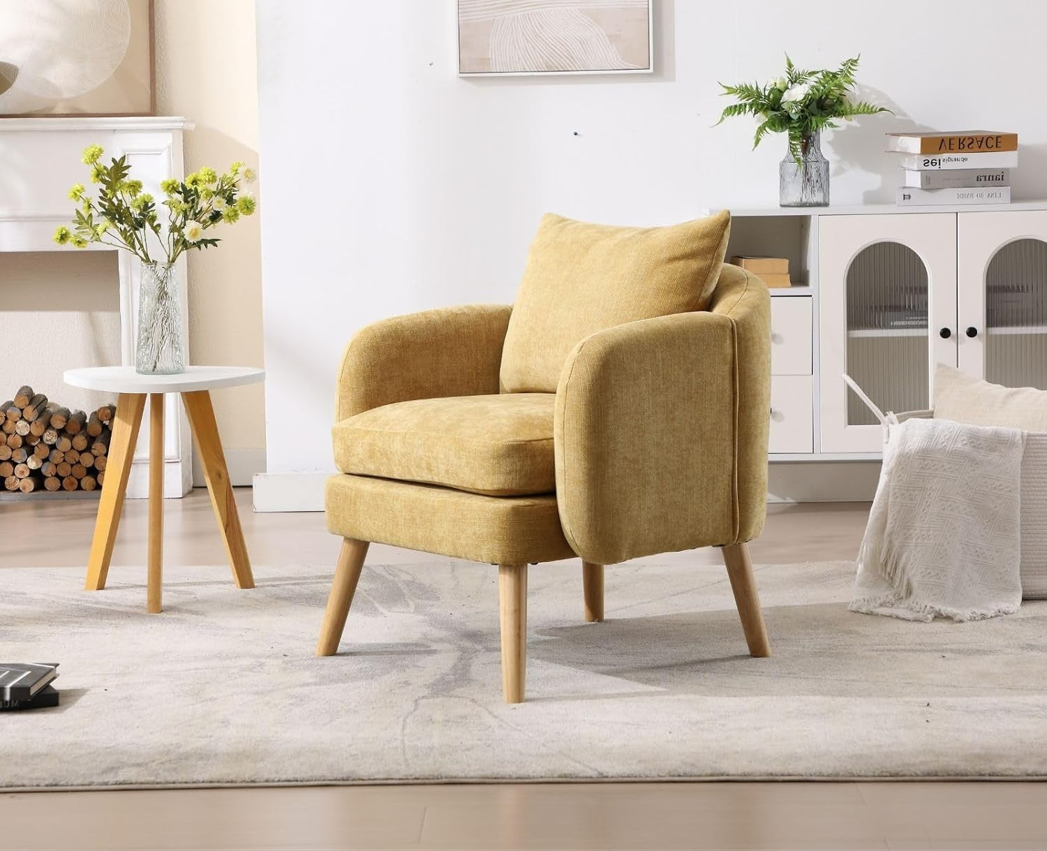 Yellow Accent Armchair Chenille Lounge Chair with Wood Legs for Living Room