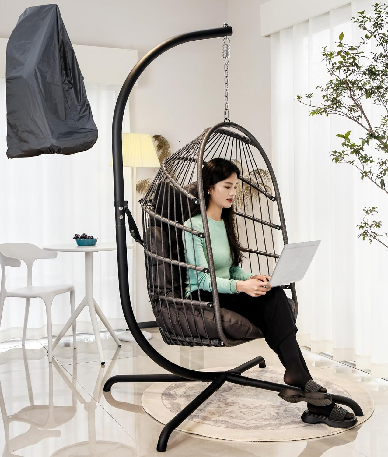 Hanging Swing Egg Chair with Stand & Soft Cushion for Indoor Outdoor Dark Grey