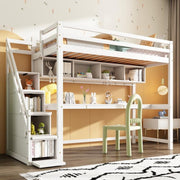 Kids Loft Bunk Bed with Desk Shelves Storage Stairs 3FT Pine Wood 90x190 White