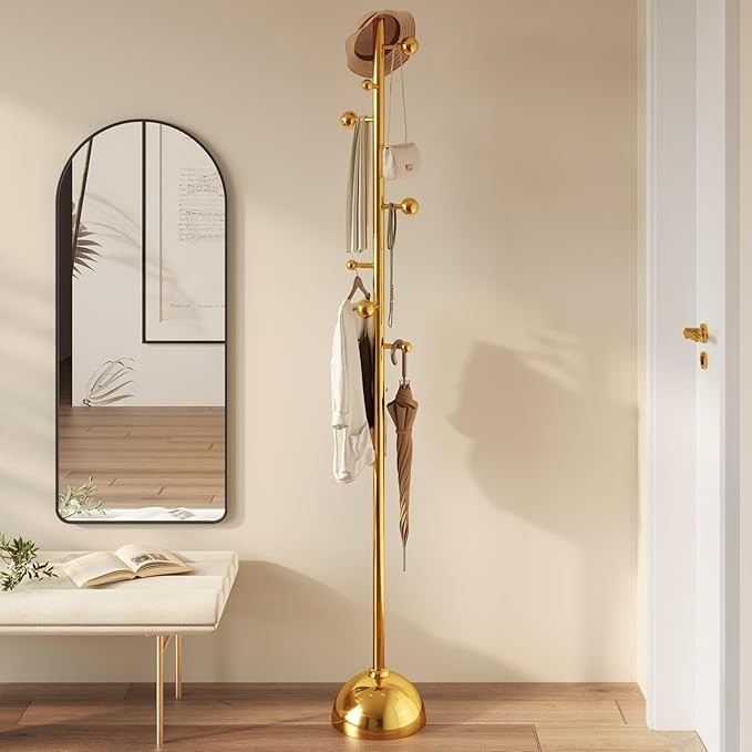 Gold Metal Coat Rack with 8 Hooks | Freestanding Modern Hall Tree for Bedroom