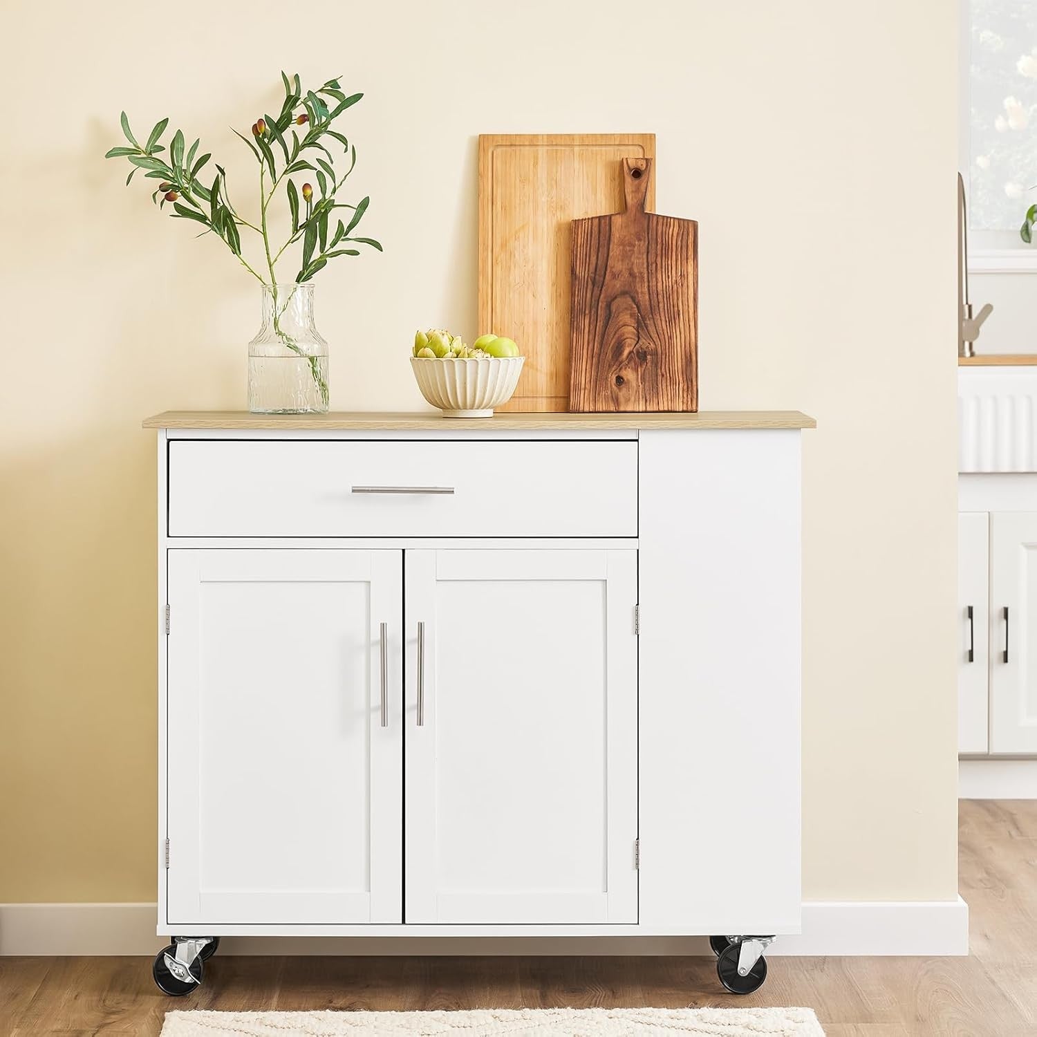 Kitchen Island on Wheels Storage Trolley with Drawer Cupboard Adjustable Shelf