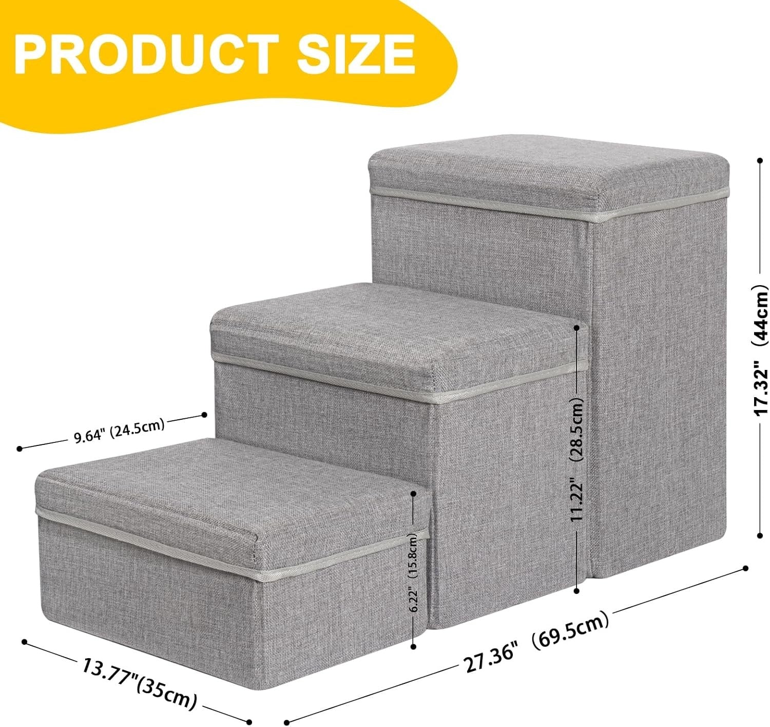 Dog Stairs with Storage 3 Step Pet Steps for Bed Sofa Grey