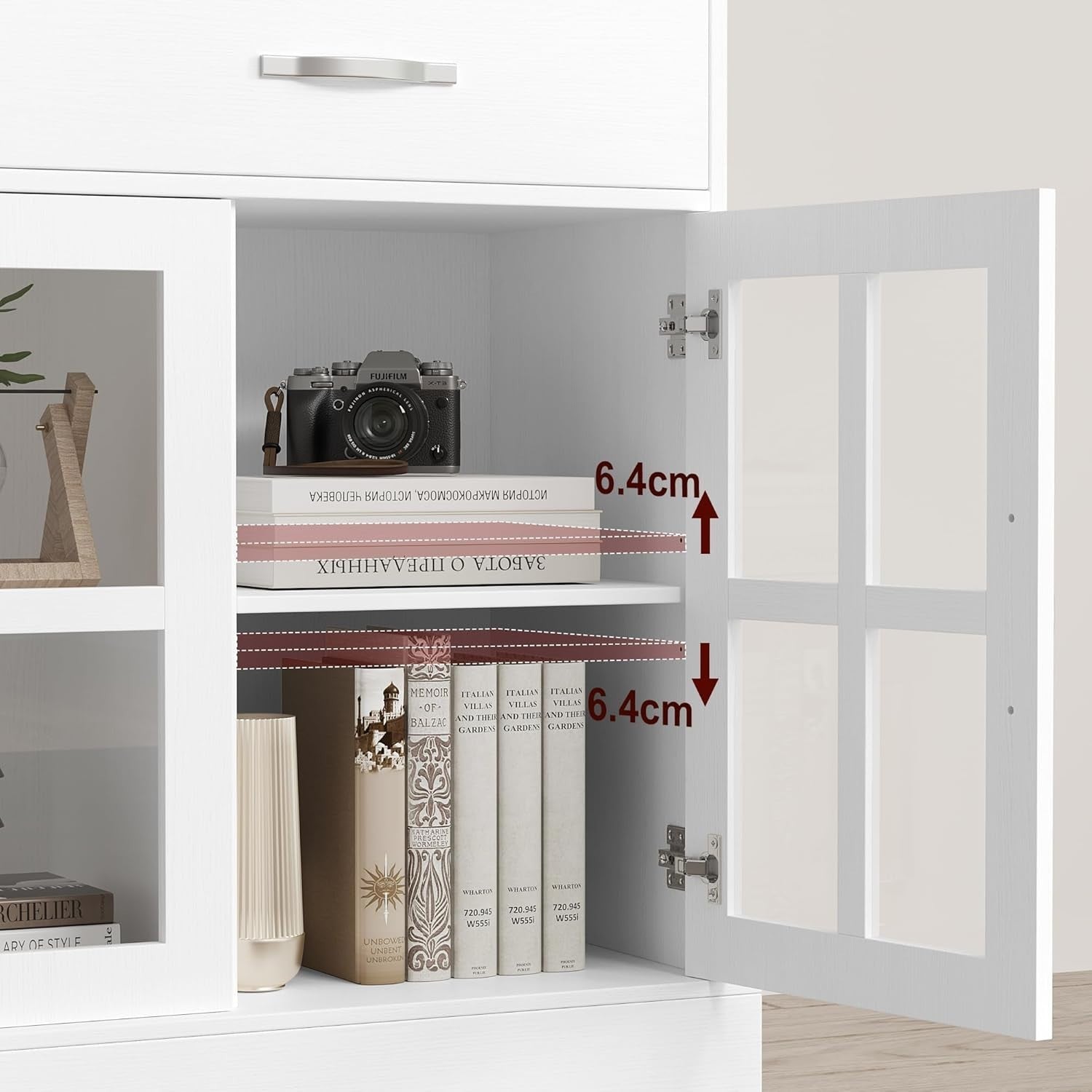 White Sideboard Cabinet Glass Doors Storage Unit with Drawers Shelves