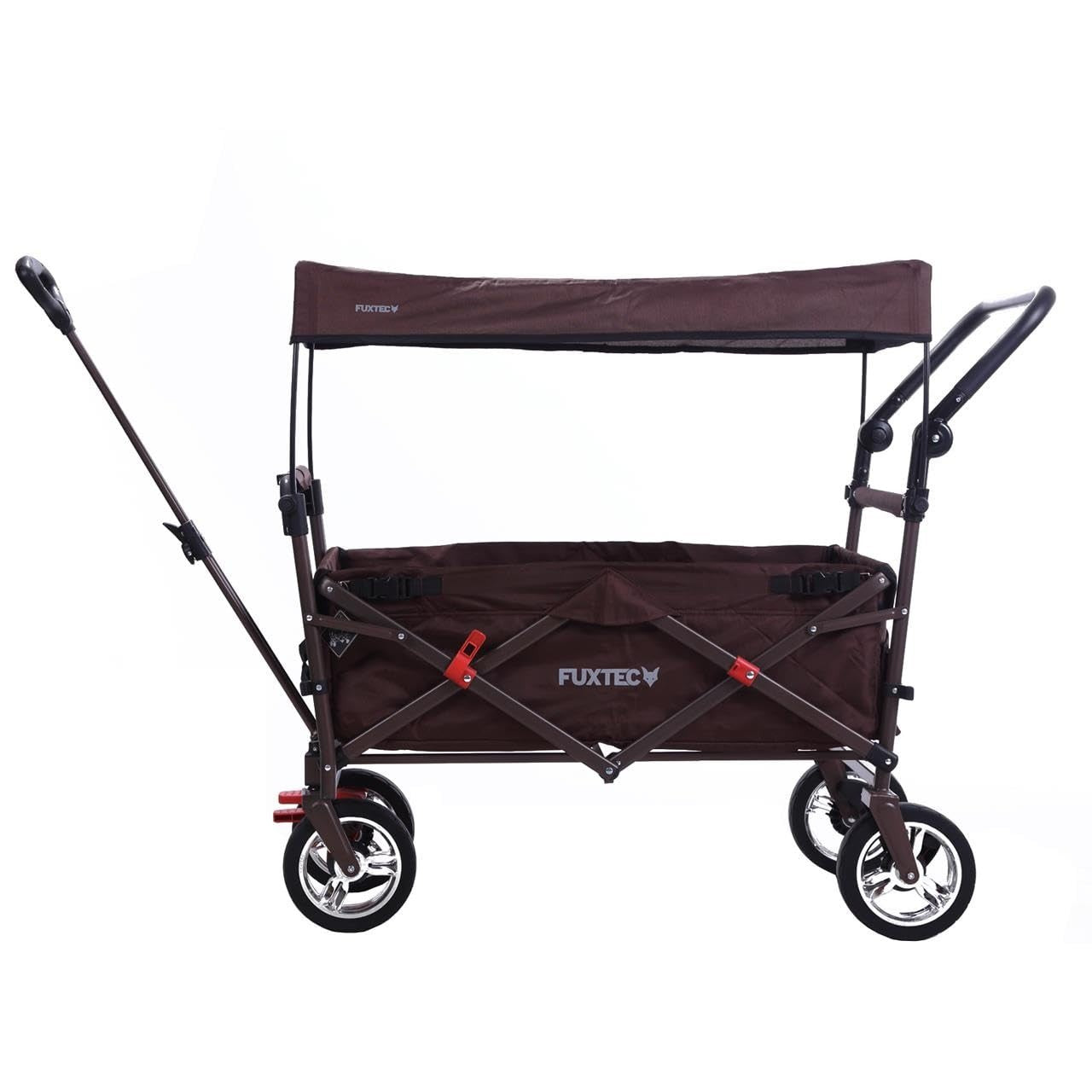 Brown Folding Kids Wagon Canopy Push Pull Cart Outdoor Transport w/ Brakes