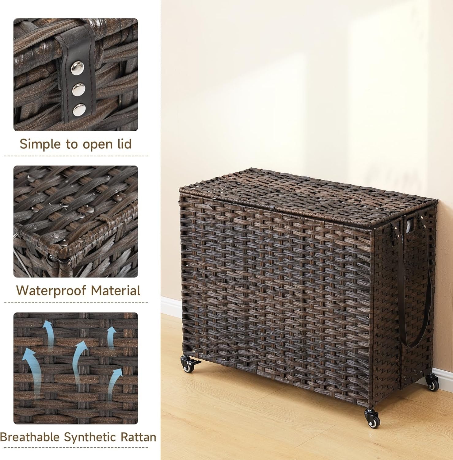200L Rattan Laundry Hamper with Wheels Lid 3-Section Removable Bags Brown