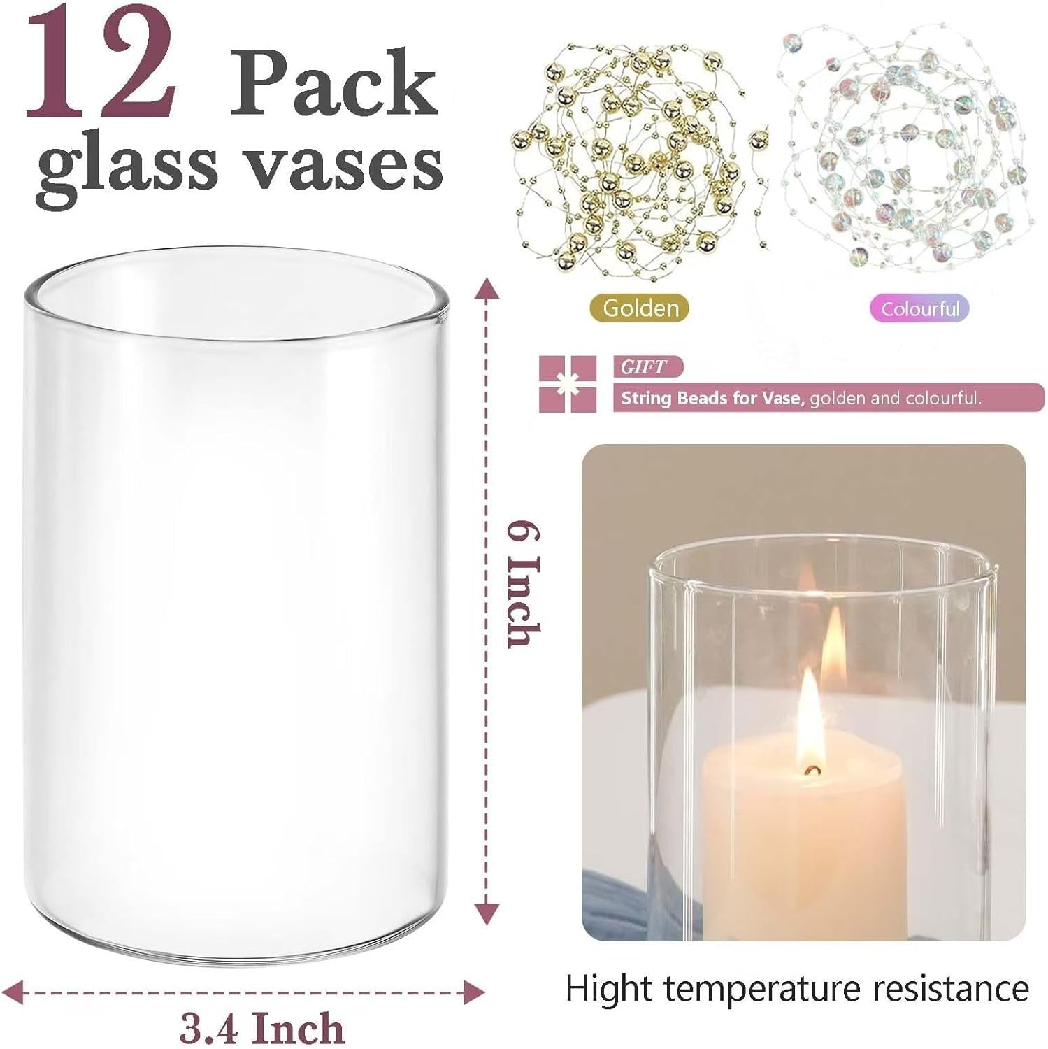 Glass Cylinder Vase Set of 12 Clear Flower Candle Table Decor 15cm