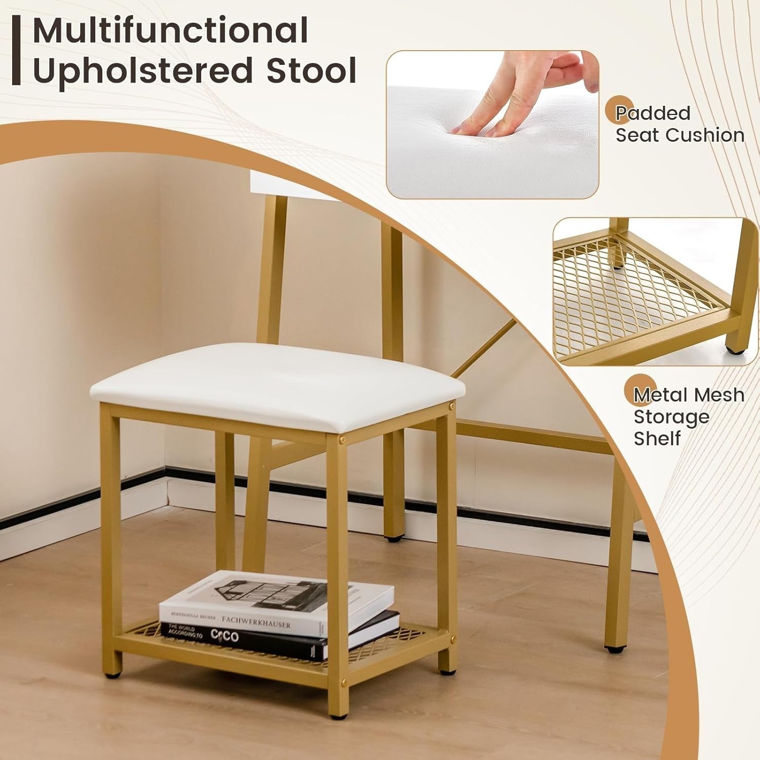 2-in-1 Flip Top Vanity Makeup Dressing Table Desk & Stool Set Storage White Gold