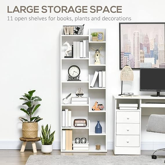 Tall 6-Tier Modern Bookcase with 11 Open Shelves Slim Freestanding Shelf White