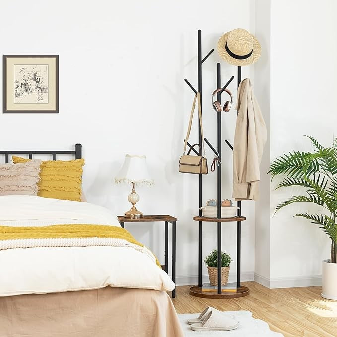 Rustic Brown Freestanding Coat Rack with Shelves & 8 Hooks Industrial Hall Tree