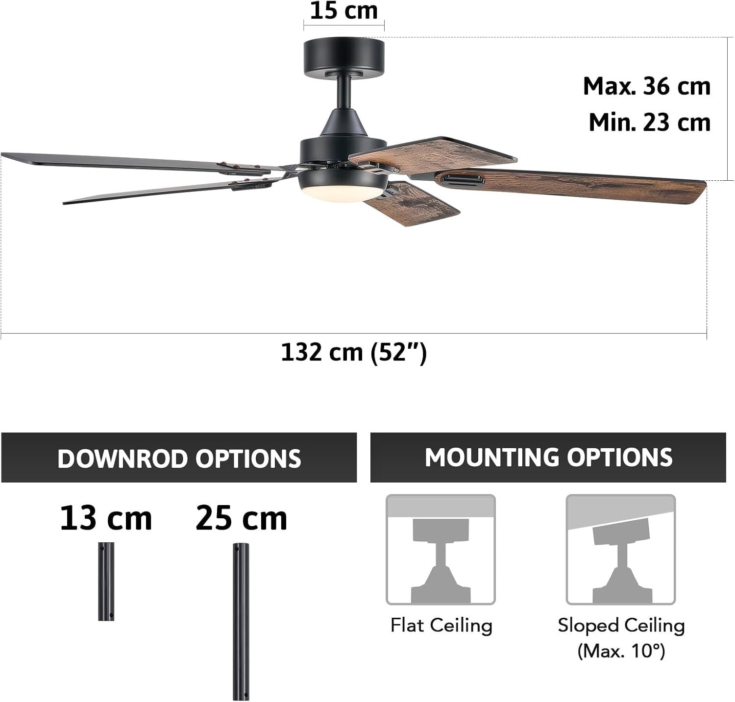 52" Ceiling Fan with Light, 6-Speed, Remote, Reversible, Black/Brown