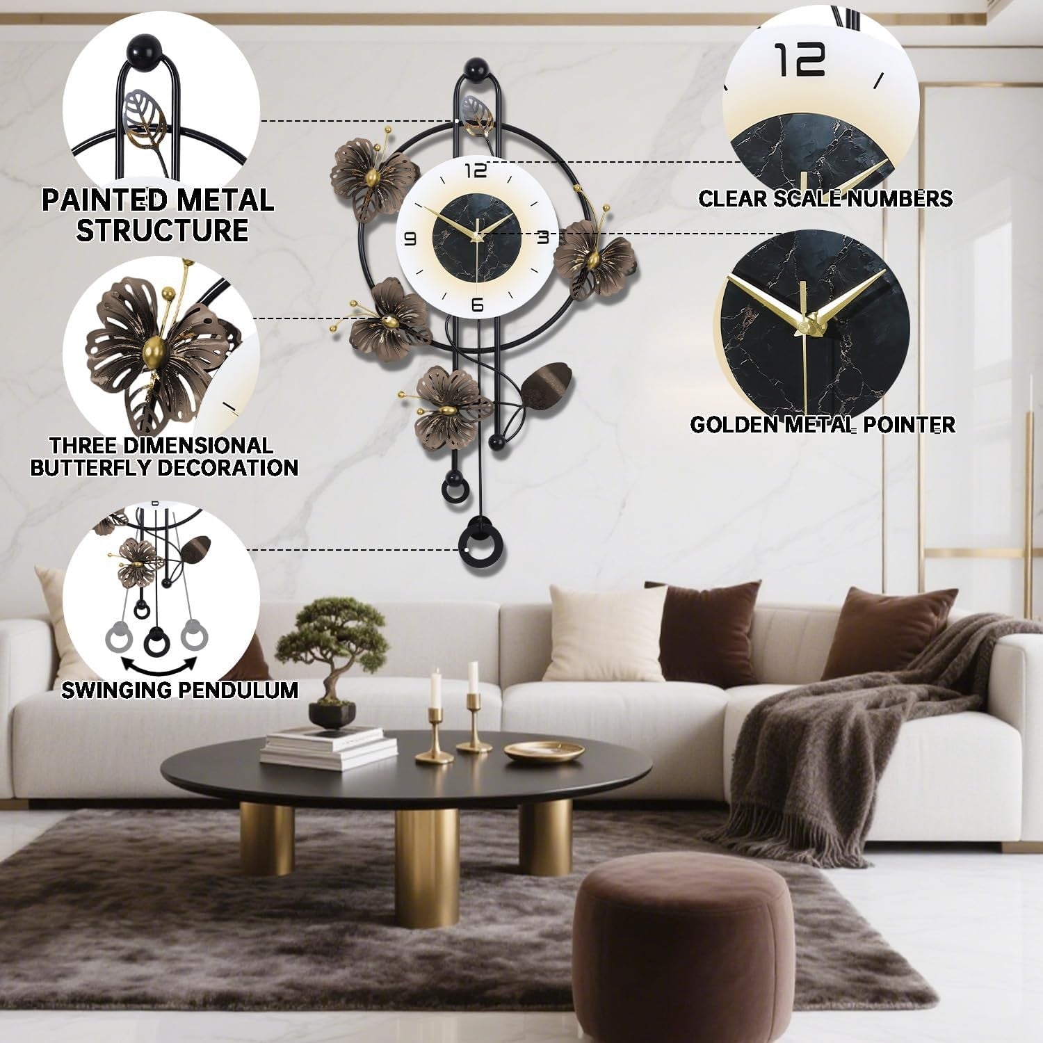 Large 75cm Wall Clock Modern Metal Floral Design Silent Quartz Pendulum White