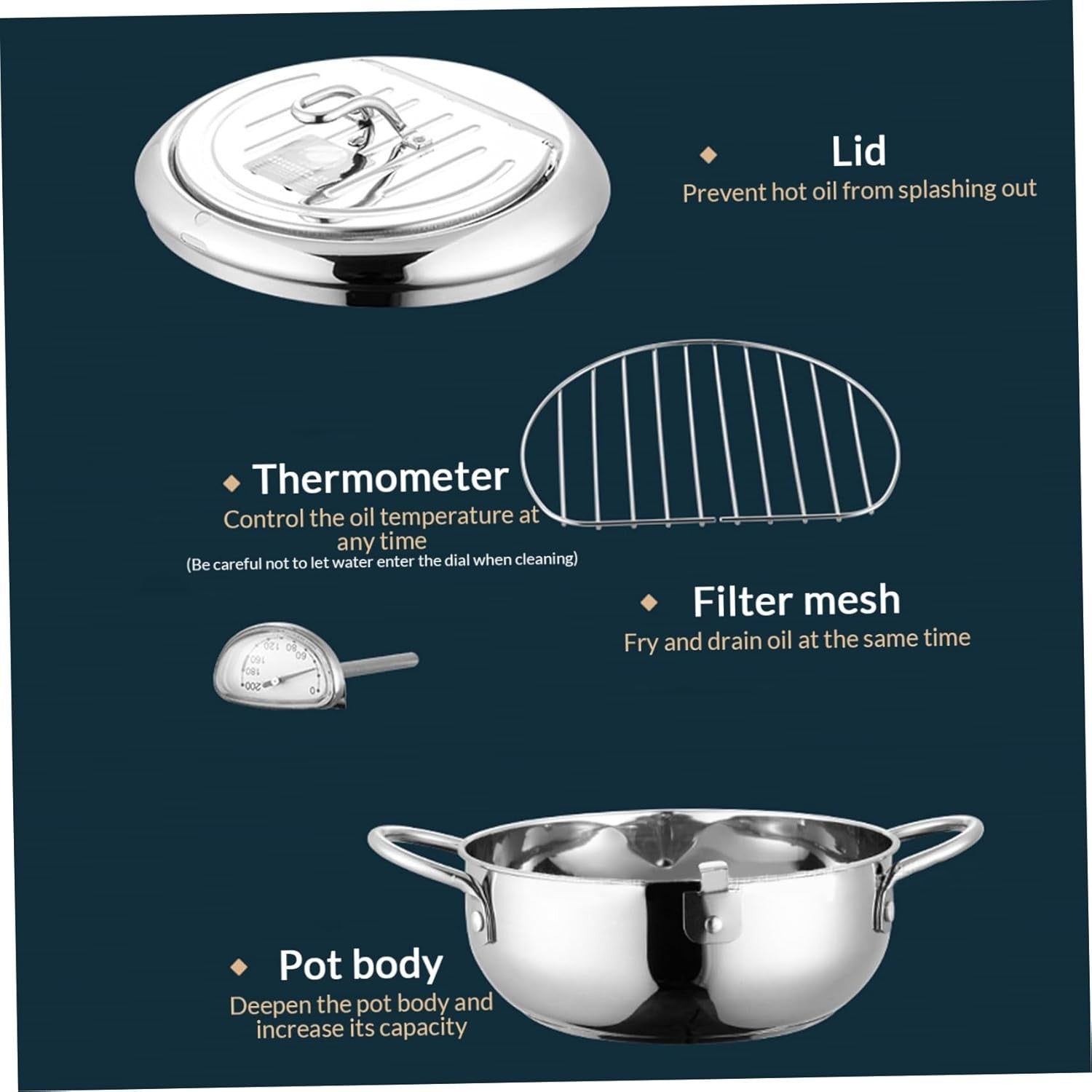 4.2L Japanese Tempura Frying Pot Stainless Steel w Thermometer Rack