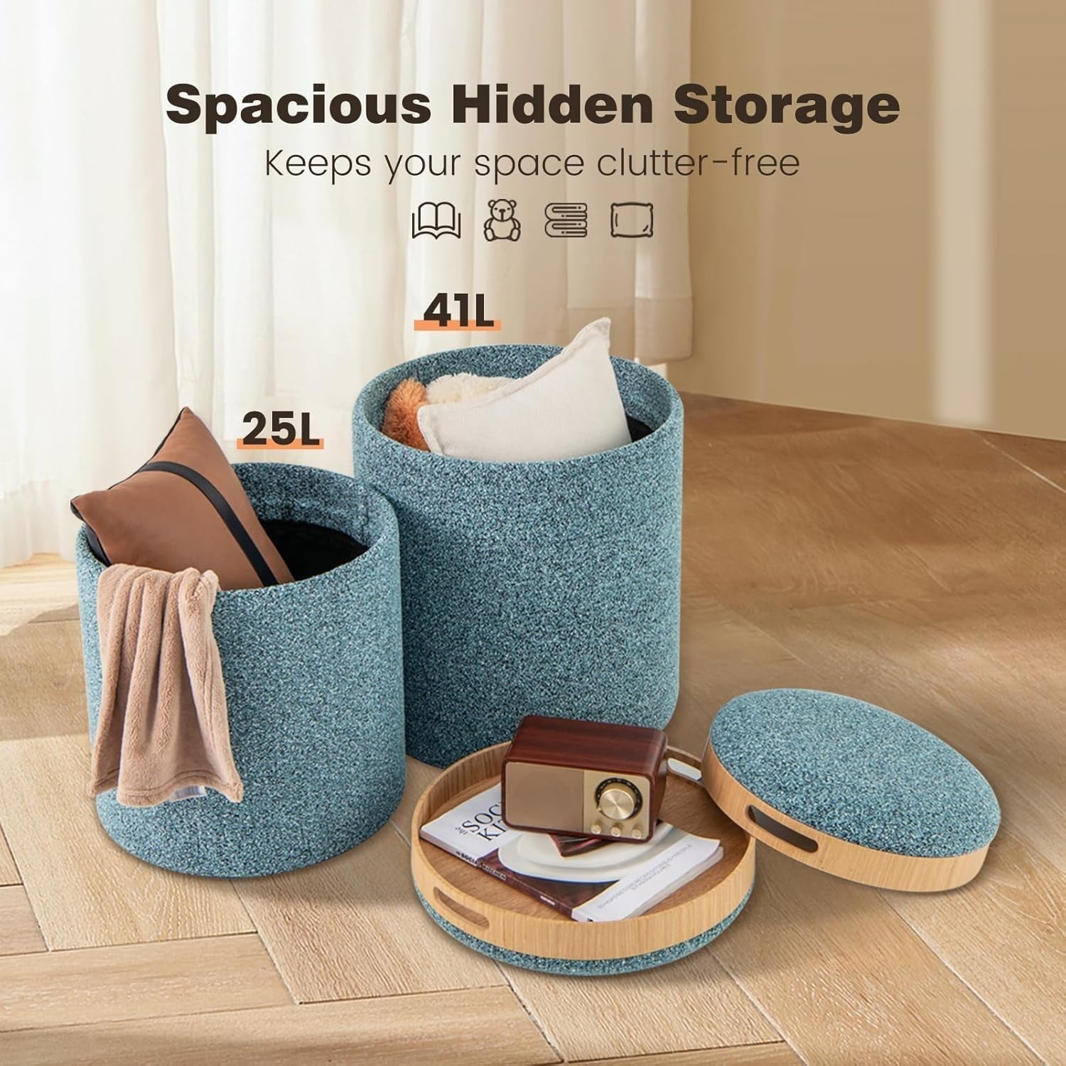 Blue Nesting Round Footstools Set of 2 Storage Ottomans with Tray Tops