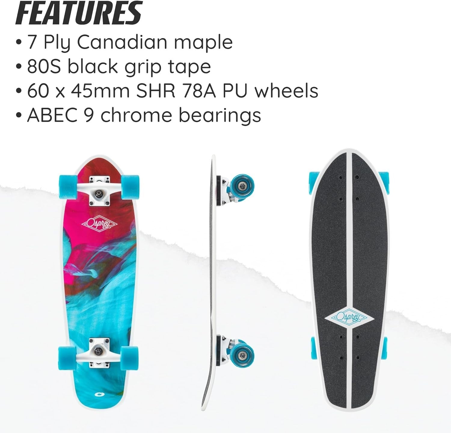 26in Cruiser Skateboard Complete Maple Single Kick Smooth Ride