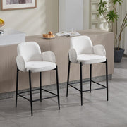Modern White Bar Stools Set of 2 | Chenille Seat, Metal Legs, Armrest