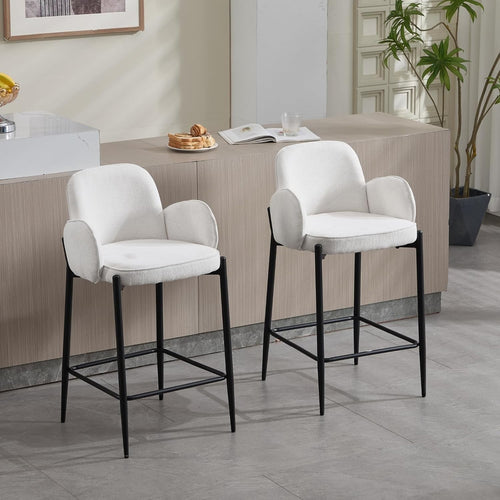 Modern White Bar Stools Set of 2 | Chenille Seat, Metal Legs, Armrest