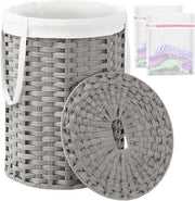 72L Grey Round Wicker Laundry Basket with Lid Handwoven Rattan Hamper