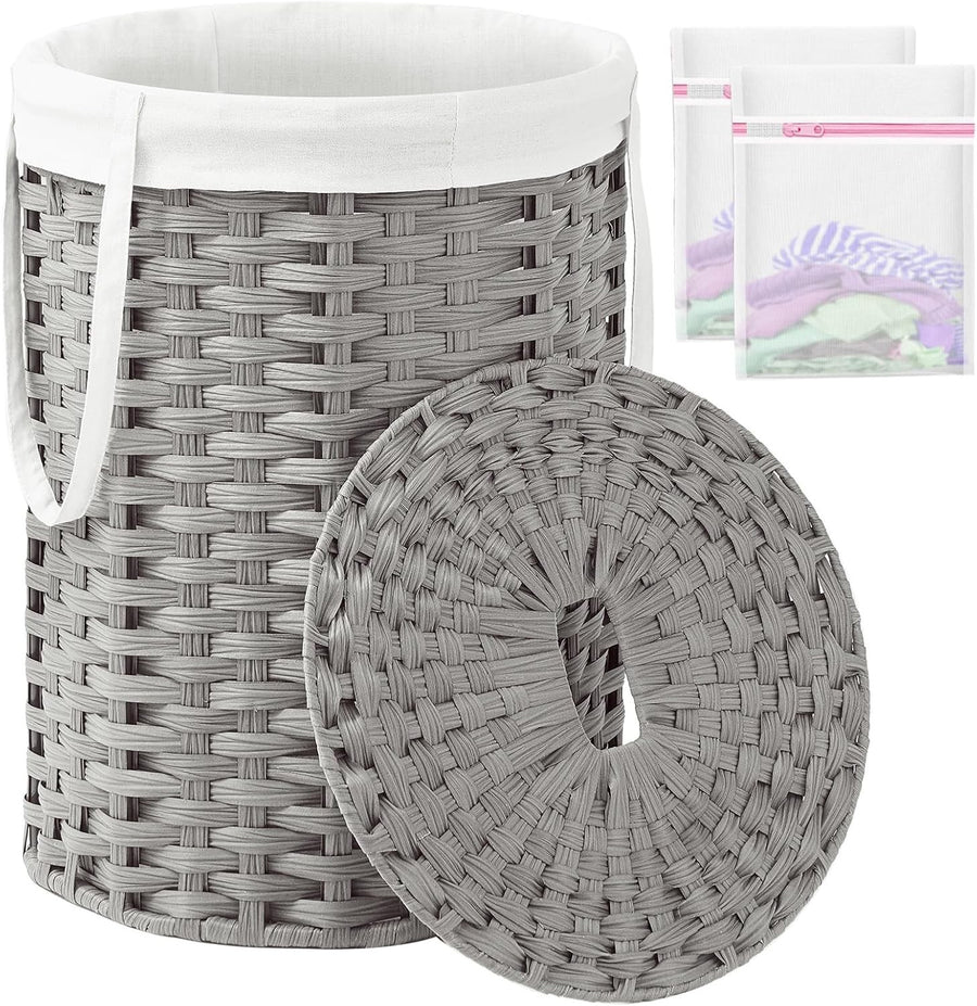 72L Grey Round Wicker Laundry Basket with Lid Handwoven Rattan Hamper