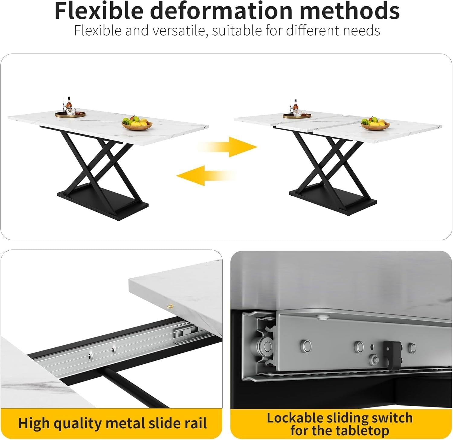 Extendable Dining Table White Marble Black Iron Legs 120-160cm