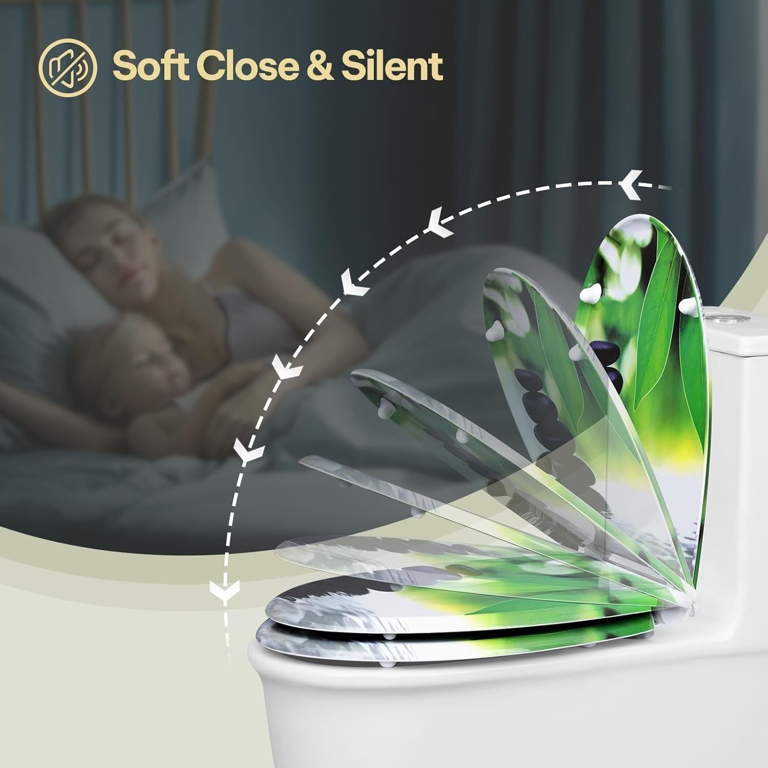 Soft Close O-Shaped Toilet Seat Quick Release Duroplast Green Leaves Print