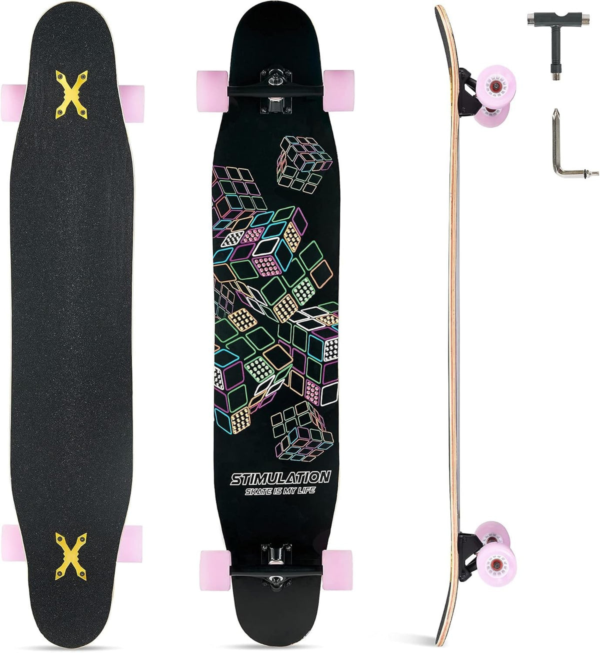 46" Longboard Skateboard Complete 8-Layer Maple Wood Deck Teens & Adults