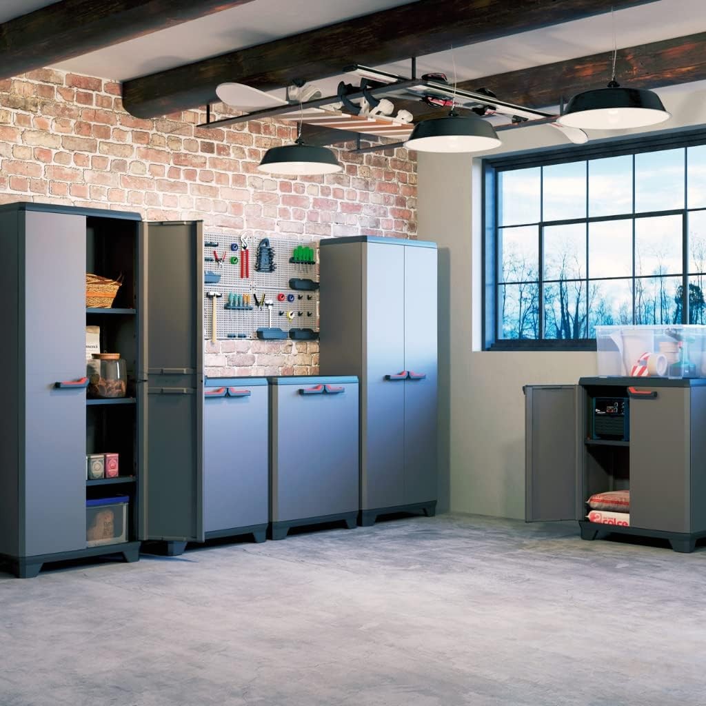 Low Garage Storage Cabinet | Heavy Duty Plastic Cupboard with Shelves & Lock