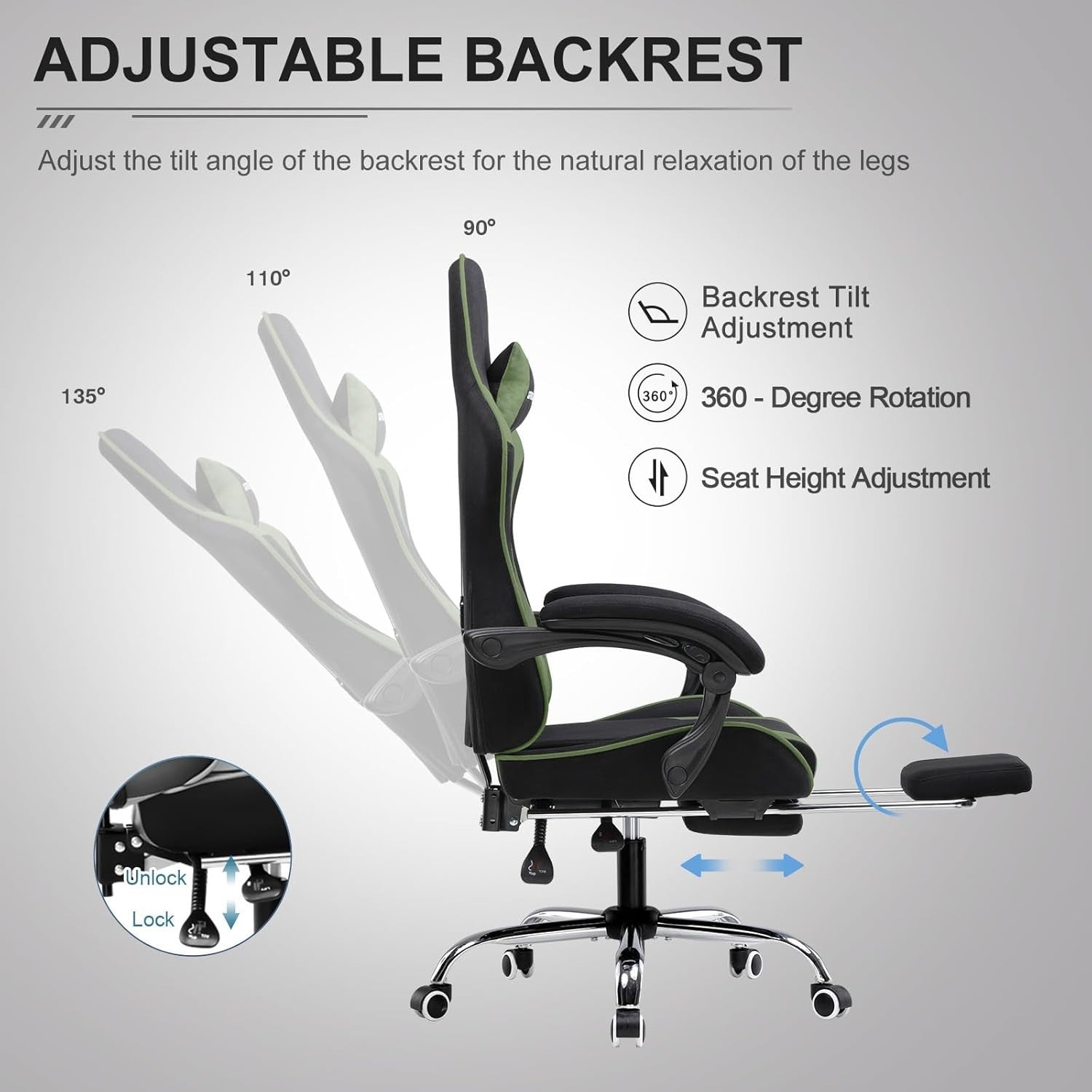 Ergonomic Gaming Chair Recliner Office Desk Seat Massage Lumbar Footrest Green